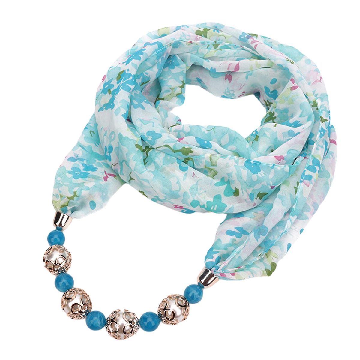 Beads Pendant Floral Print Necklace Scarf Simple-Light Blue