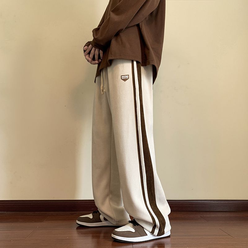 (Apricot)Baggy Striped Sweatpants For Men Straight-Leg Pants Fashion Hip Hop Str