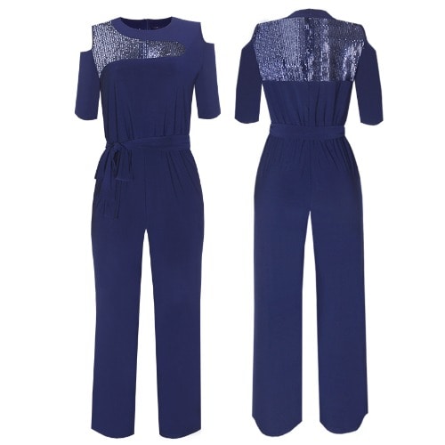 Embellished Cold Shoulder Jumpsuit - Navy Blue