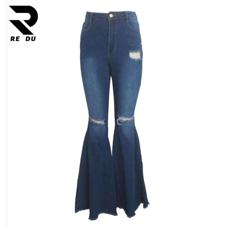 2023 High-Waisted Ripped Washed Flare Denim Jeans for Women - Bell Bottom Style in Plus Size