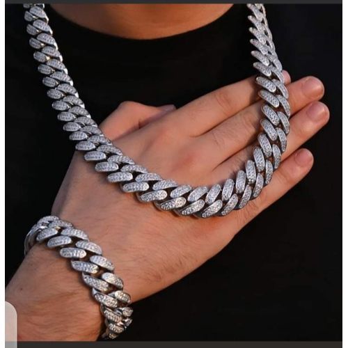 Sophisticated Iced 2 In 1 Set Of Cuban Chain With Classic Bracelet Silver