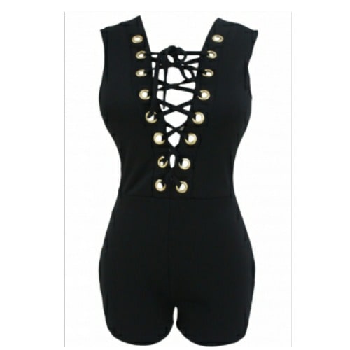 Grommet Lace Up Sleeveless Romper - Black