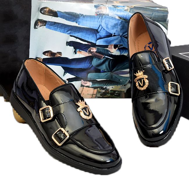 Crested Leather Wetlook Monk Shoe - Black
