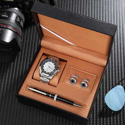 3Pcs Men's Gift Set Quartz Watch , Signature ,Cufflinks+ Gift Box
