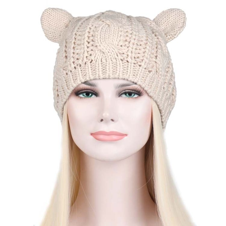 Ladies Twisted Cat Ears Shape Wool Beret Beige One Size