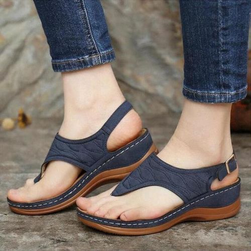 Ladies Fashion Sandals Wedge Heels Large Size Flat Sandals And Slippers-Navy Blue