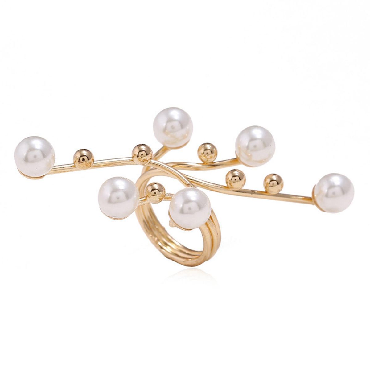 Finger Ring Lustrous Faux Pearl Branch Ladies Ring Golden