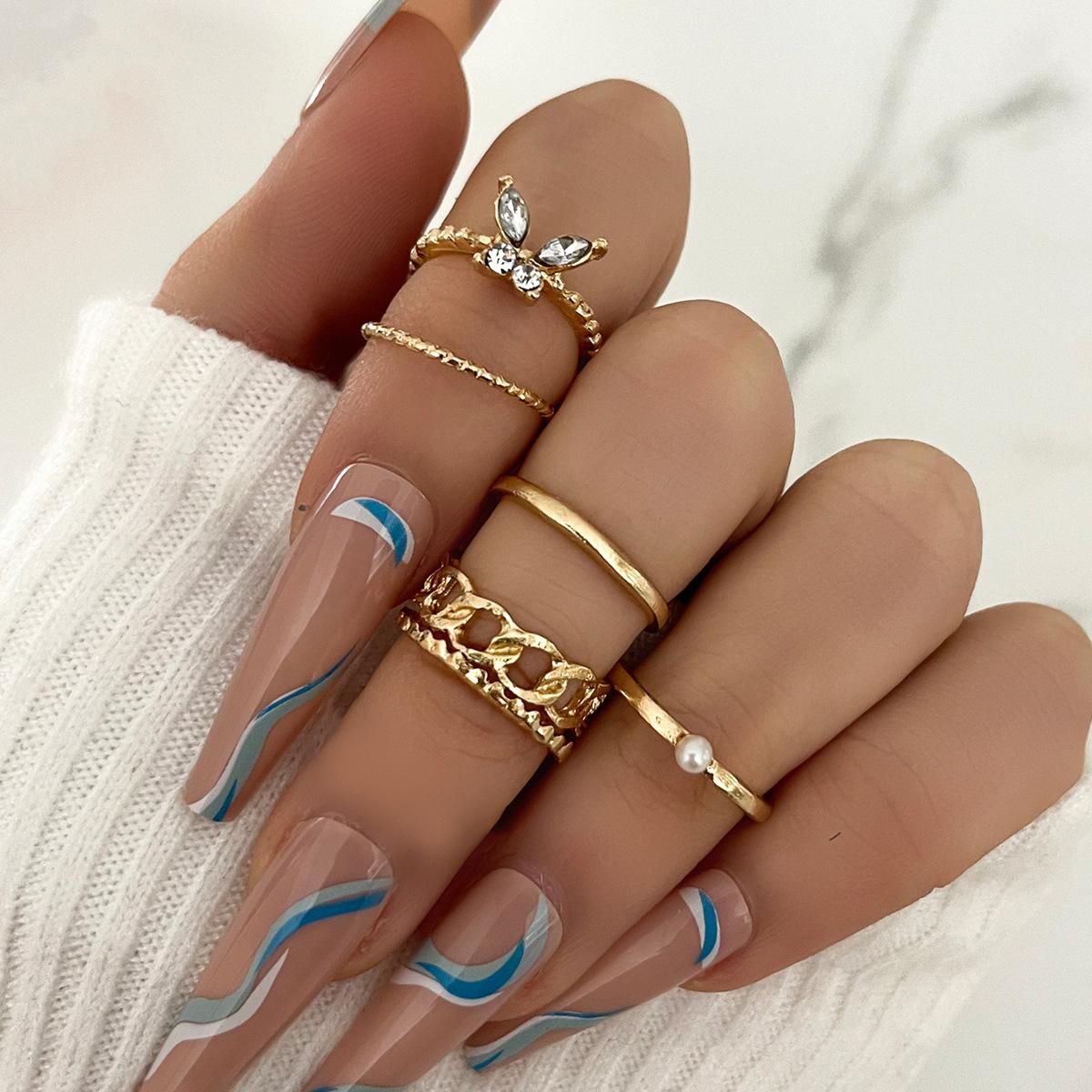 5 pieces Metal smooth full diamond butterfly fried dough twist opening ring set