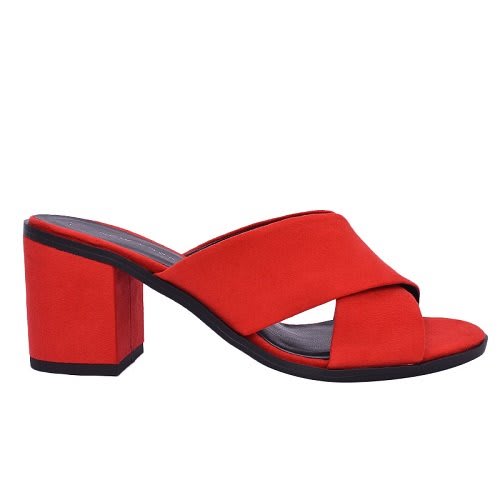 Red Suedette Cross Strap Low Block Heel Mules
