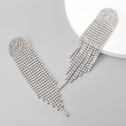 Sparkling Rhinestone & Tassel Statement Earrings -Silver