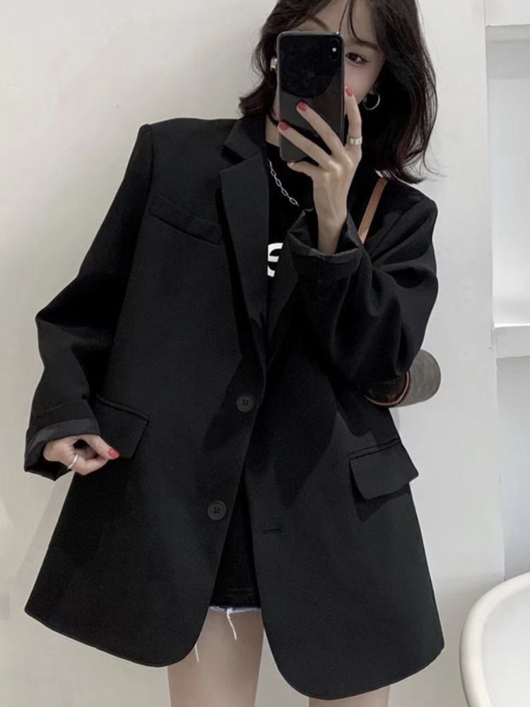 （Black）Fall Jacket For Women Grace Solid Color Casual Pocket Design Style