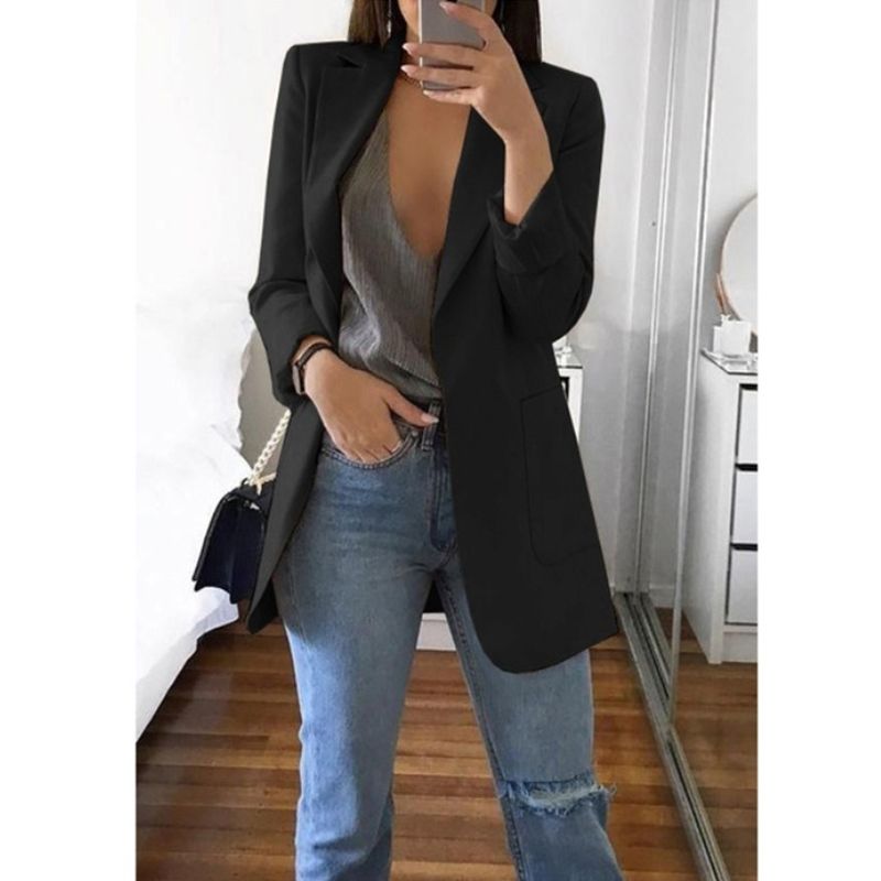 （Black）Office Lady B Coats Lapel Long Sleeve Solid Cardigan Jackets Black Plus