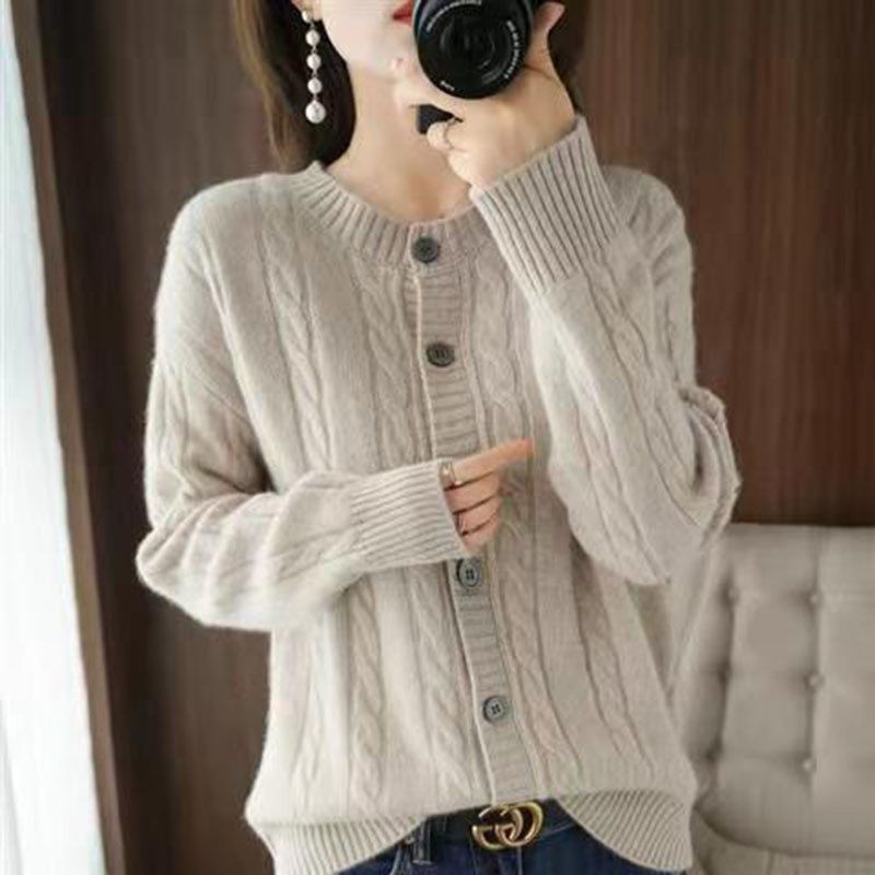 Loose Sweater Outer Jacket Retro Twist Knit Cardigan Spring-Apricot