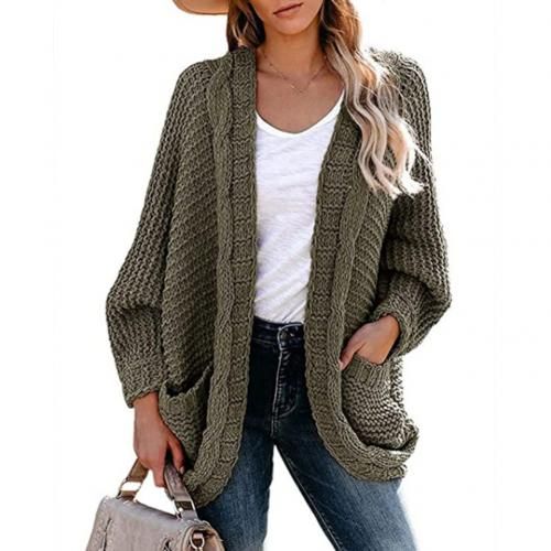 Women Sweater Autumn Warm Ladies Casual Long Sleeve Open Front Loose- Green