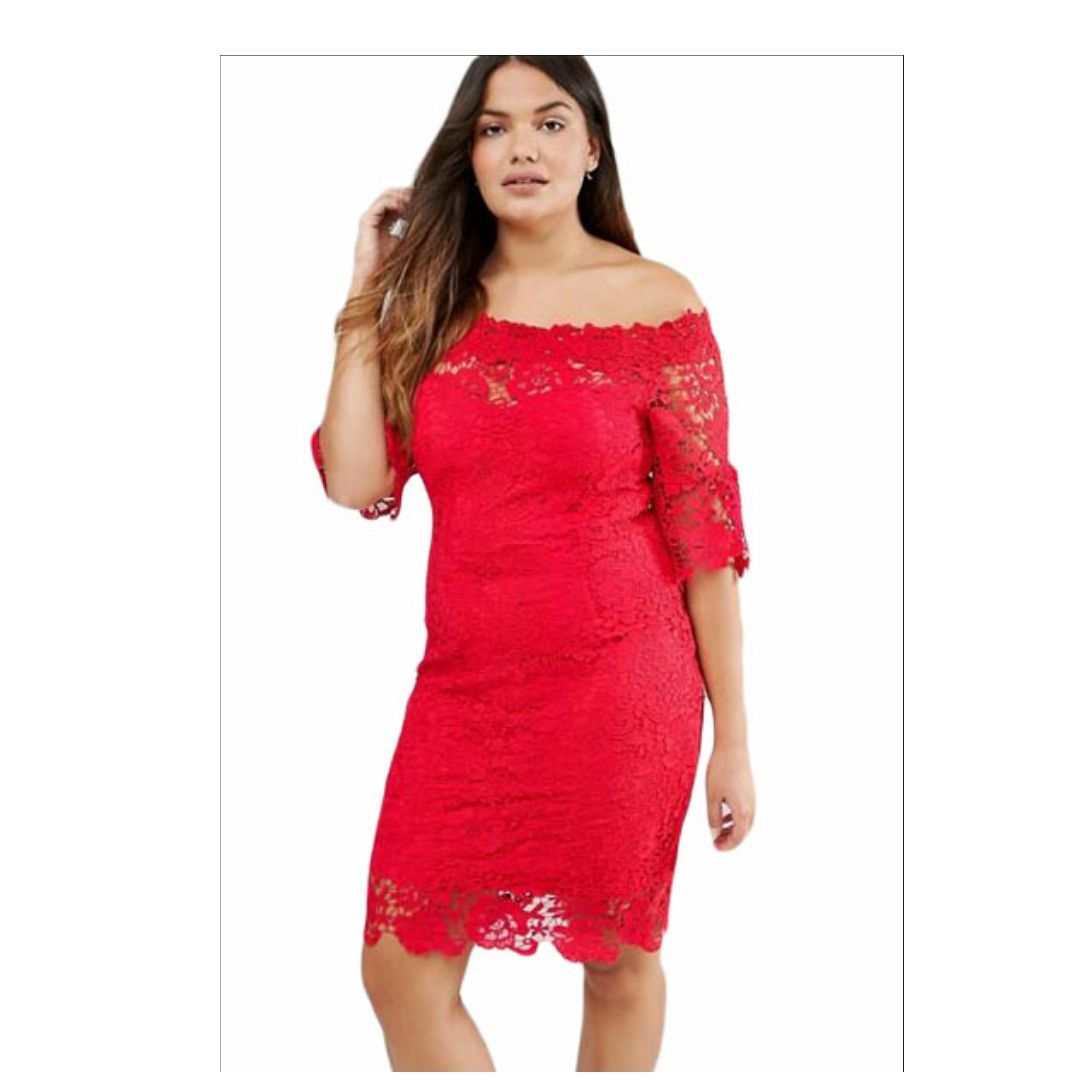 Mfed Red Hollow Out Floral Lace Plus Off Shoulder Dress