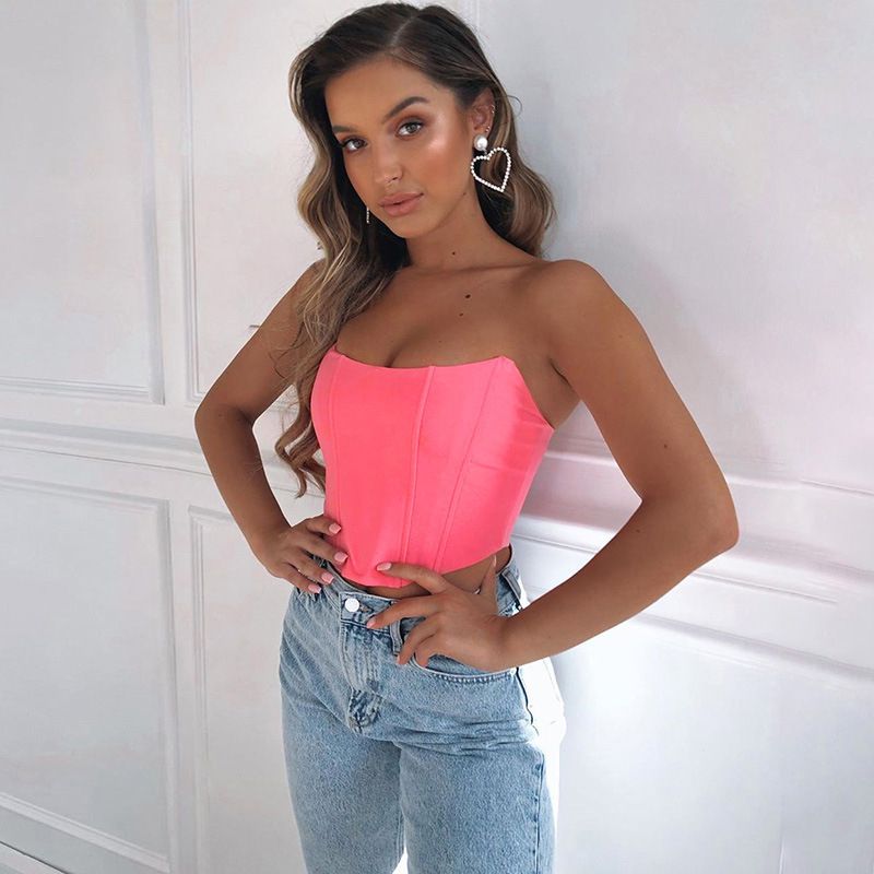 (Pink)2020 New Women Bustiers Corsets Strapless Off Shoulder Tank Vest  Clubwear Crop Tops Bodycon Slim Tank Vest Push Up Outwear WAR