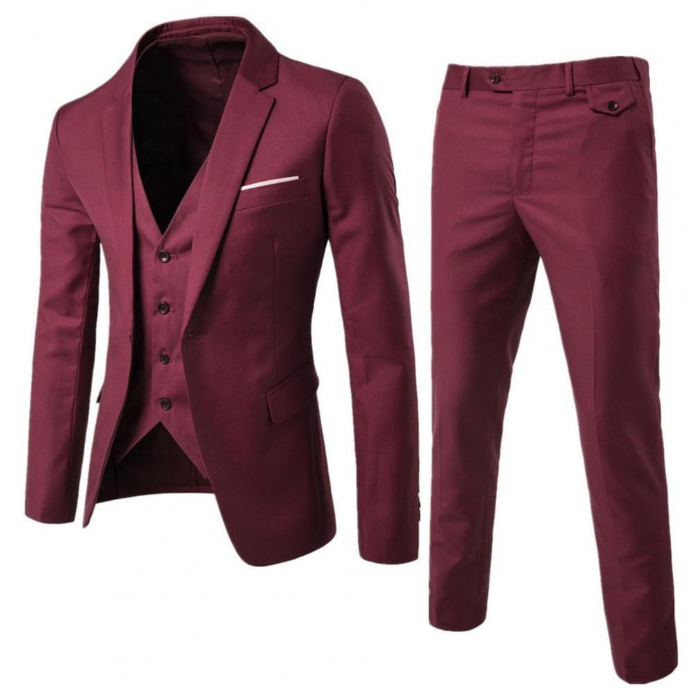 Men Wedding Suit Slim Business Office Pants Single-breasted Male Korean Style Jacket Zipper Fly Trousers Wine Red