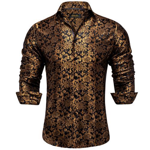 Long Sleeve Silk Men Shirts Gold Black Floral Wedding Party