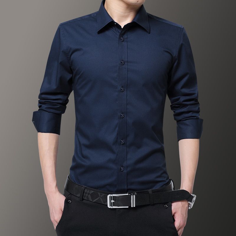 （Long Navy Blue）All Seasons Men's Slim Fit Non Ing Business Dress Shirt Luxury