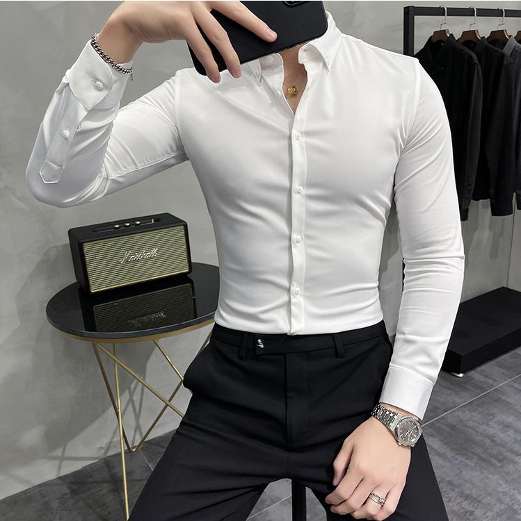 （）Vintage Luxury Solid Formal Slim Fit Shirts Autumn Men Long Sleeve Business
