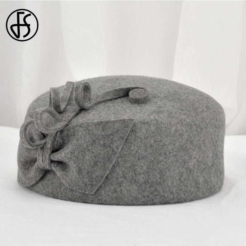 Gray FS Wool Fascinators Hat For Women Red Wedding Fedora Hats BlaPillbox Hat Ladies Church Formal Felt Bow Berets Caps Chapeau