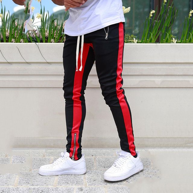 (Black-red)Mens Joggers Casual Pants Men Bottoms Tracksuit Hip Hop Streetwear Sk