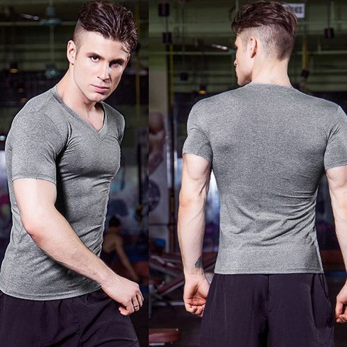 Mens Running T-Shirts,Men Sport Fitness Gym Tops V Neck T-Shirt（Gray）