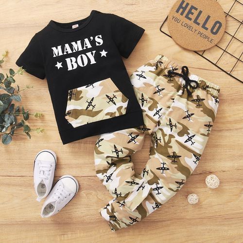 MAMA'S BOY 1-4Y Kid Boys Outfit Set Short Sleeve T-shirt Camou Long Pants