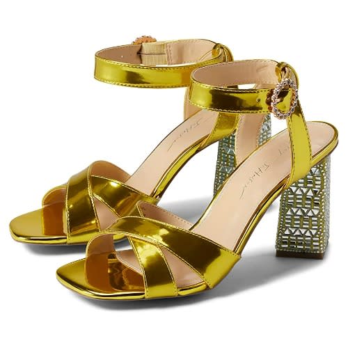 Embellished Block Heel Sandals - Yellow