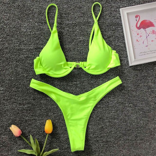 Neon V-bar Underwired Bikini Female Ribbed Swimsuit Women  Swimwear Two-pieces Bikini Set Push Up Bathing Suit B001NeonGreen KIP