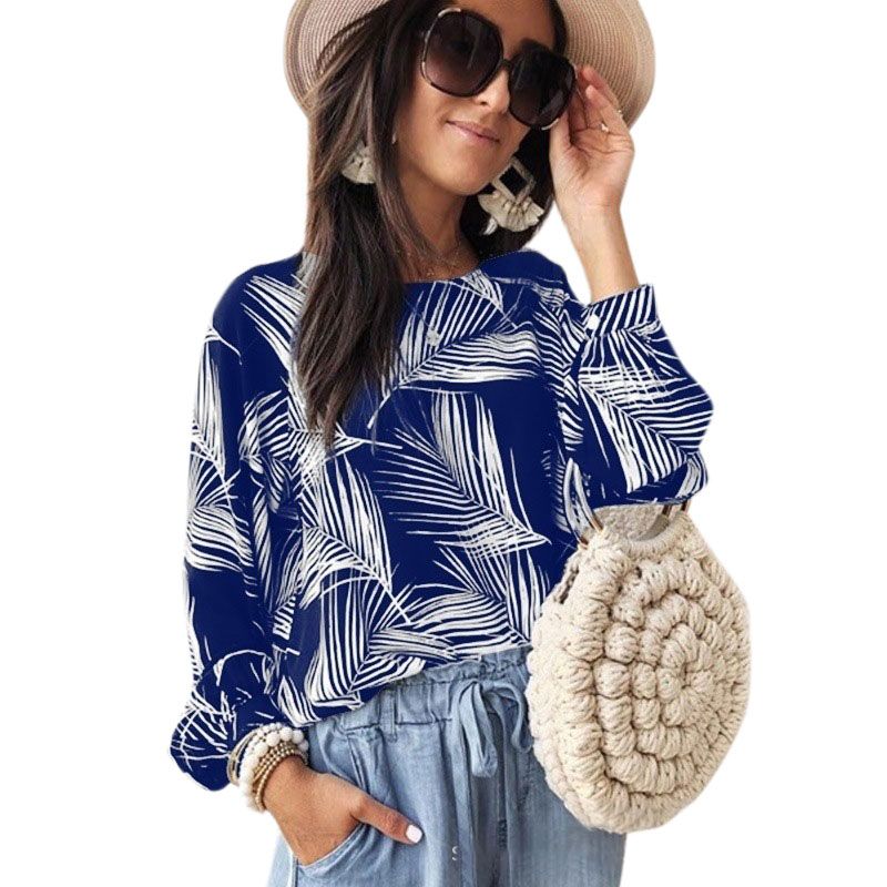 Women Leaf Print Loose Office Shirts Casual Boho Blouse