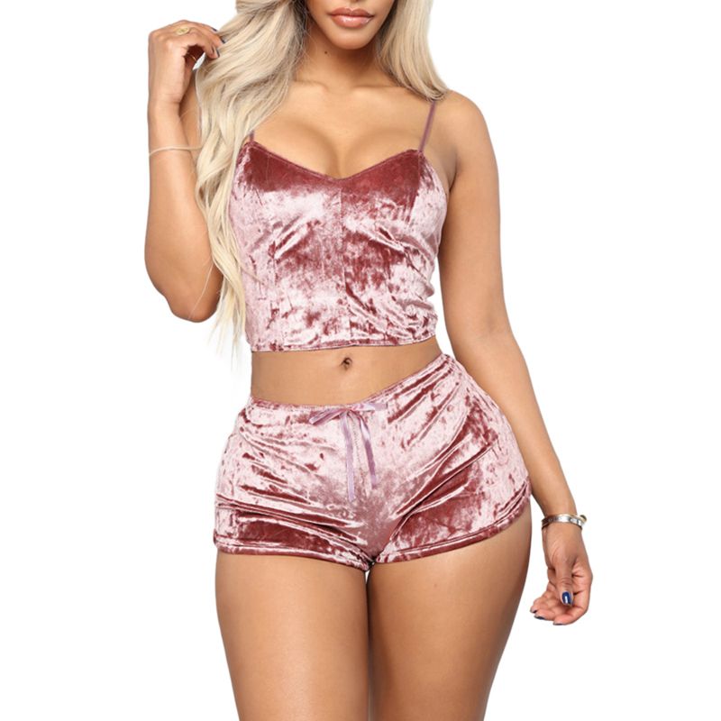 (pink) Pajama Party Set 2pcs Velvet Sleepwear  Spaghetti Strap Velvet Shorts Pajama Set Ladies Sleepwear Female Soft Nightwear DOU