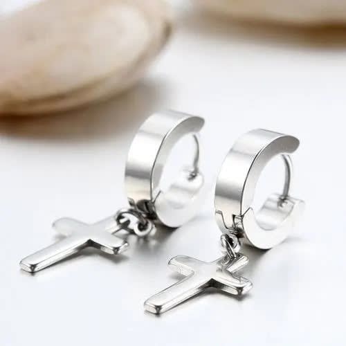 Dangle Cross Stainless Steel Hoop Earrings For Men - Silver