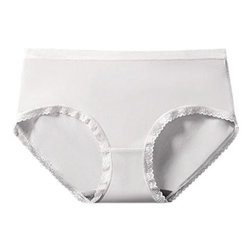 Woman Seamless Sexy Soft Breathable Mid Waist Lace Hem Modal Briefs-Light Gray