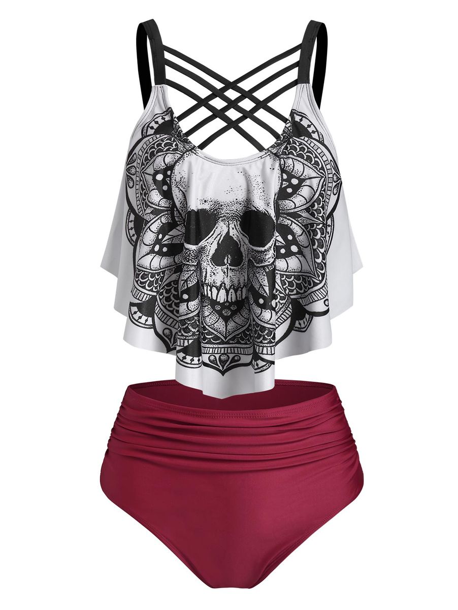 Women Cute Sun Star Moon Lattice High Waisted Tankini Swimsuit Ladies Two Pieces Bathing Suit Casual Summer Beach Wear Deep Red0606