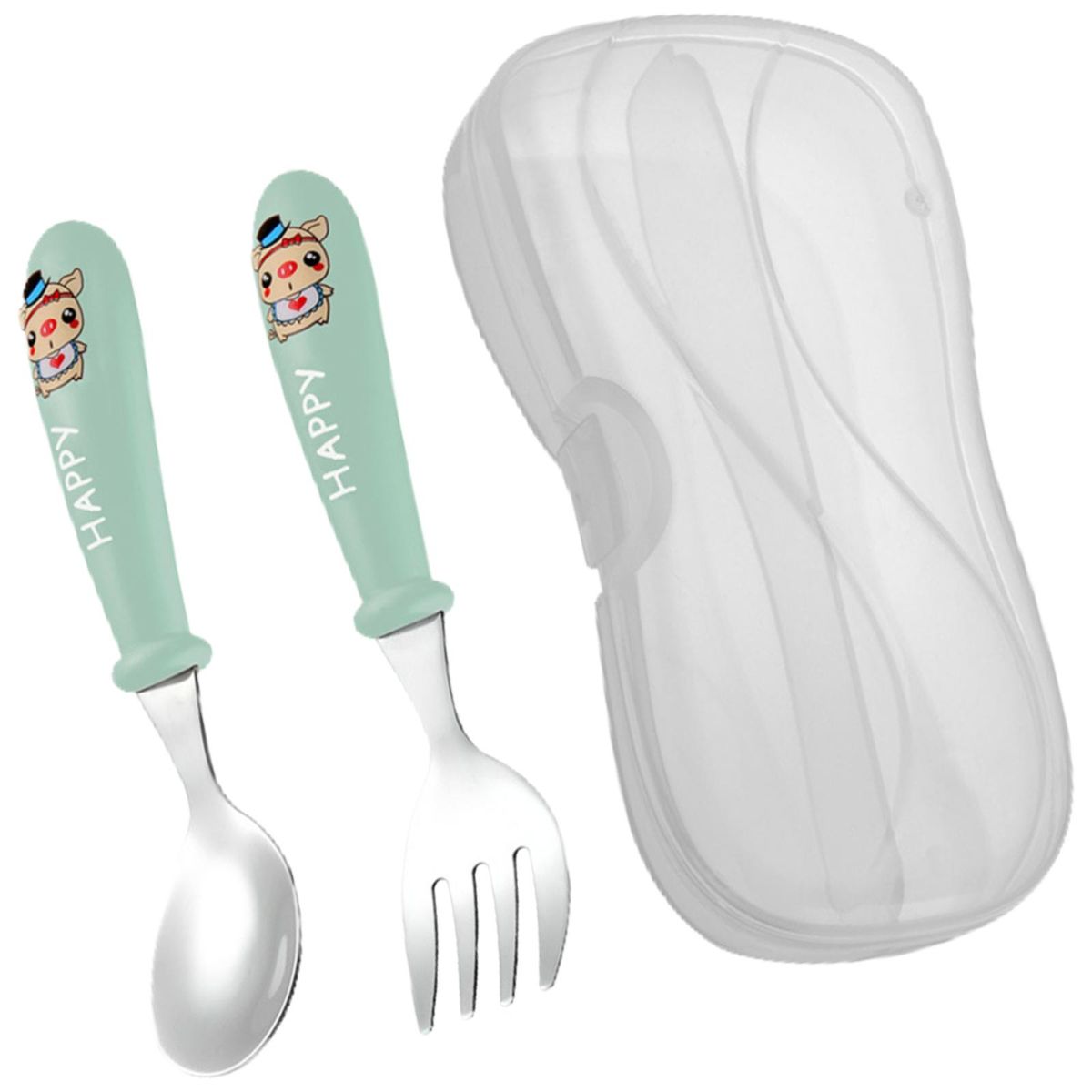 2 Pieces Spoon Fork Set With Storage Box Cute For Infant 2 Year Green