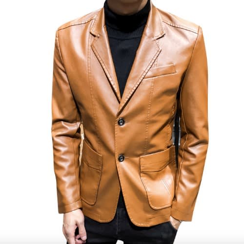 Mens Pu Leather Jacket Blazer -Brown