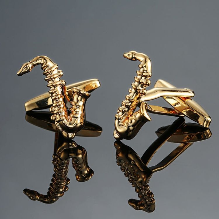 2 Pairs Men Instrument Cufflinks, Color: Gold Sax