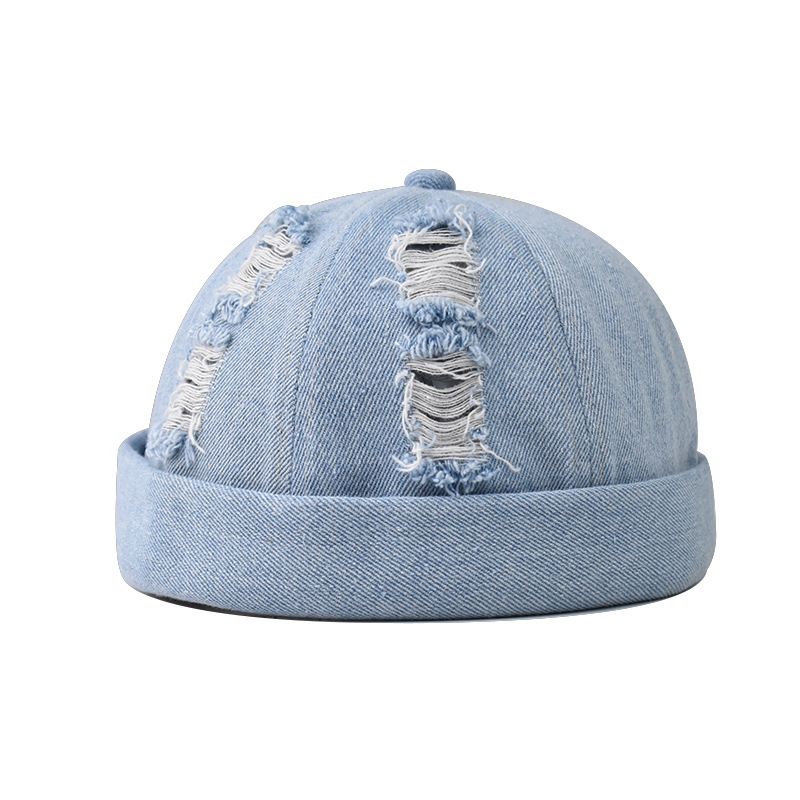 (Light Blue)Men's Washed Cotton Docker Beanie Cap Spring Retro Punk Holes Brimless Sailor Fish XXA