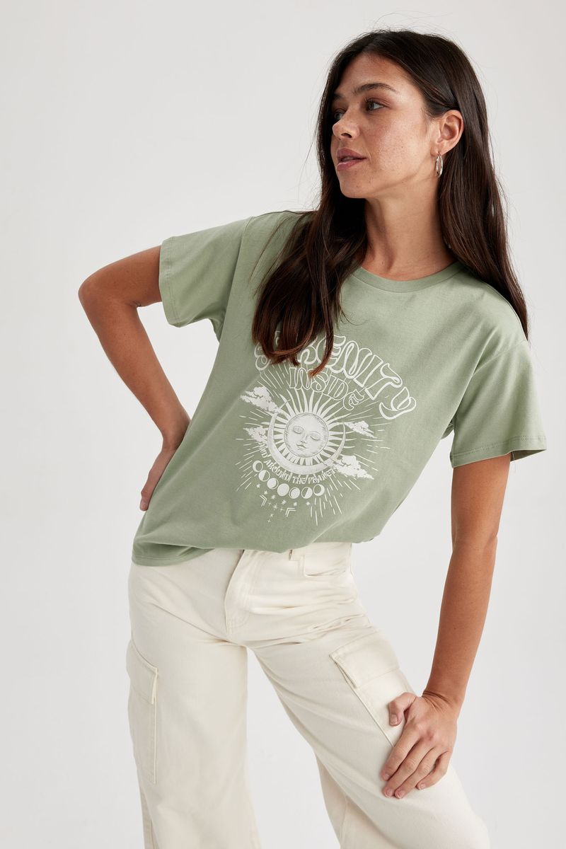 Woman Young Regular Fit Crew Neck Knitted Short Sleeve T-Shirt - Green