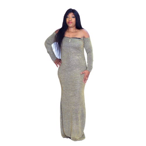 Gold Shimmer Long Sleeve Dinner Gown