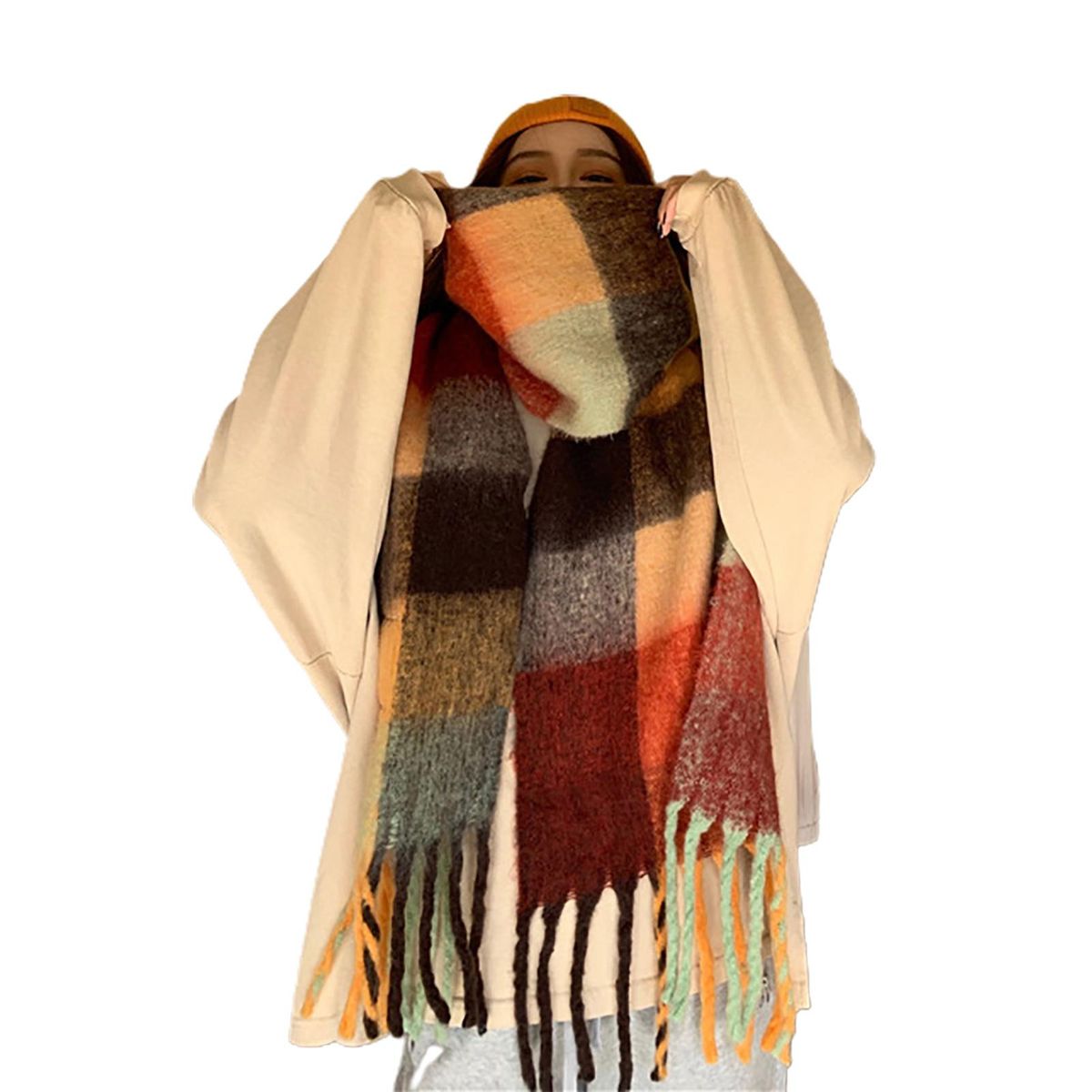 Women Scarf Autumn Winter Women Plaid Printing Scarf Orange