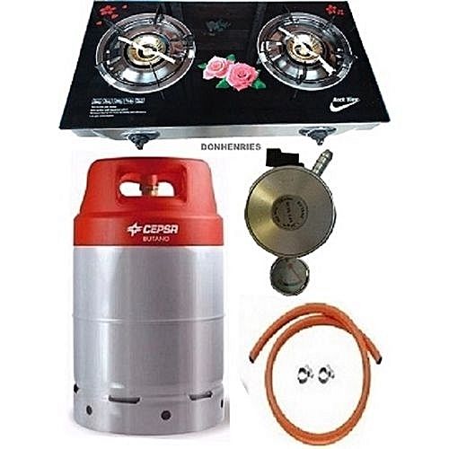12.5kg Gas Cylinder With Glass Top Double Burner, Metered Regulator, Hose & Clips