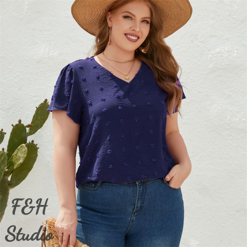 F&H 3322 XL-4XL V Neck Short Sleeves Lovely Furry Ball Decoration Navy