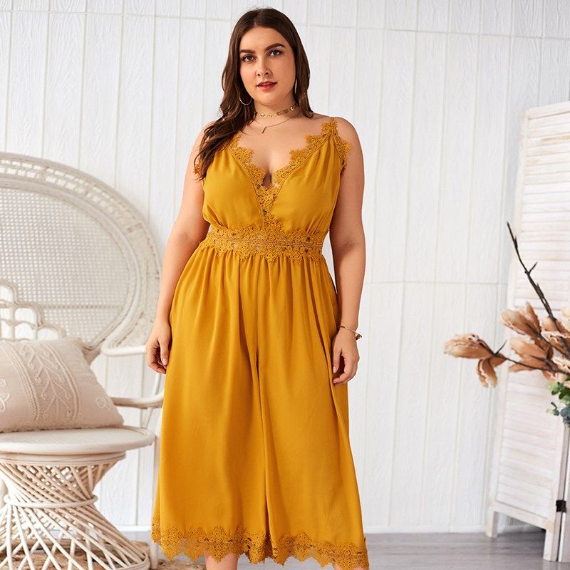 XL-4XL Women V Neck Sleeveless Slim Fit Plus Size Jumpsuit Romper Yellow 2530