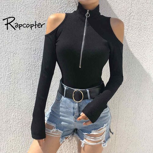 Women Black Off Shoulder Bodysuits Autumn Long Sleeve Sexy Turtleneck Body Women Bodycon Zippper Bodysuit(#White)