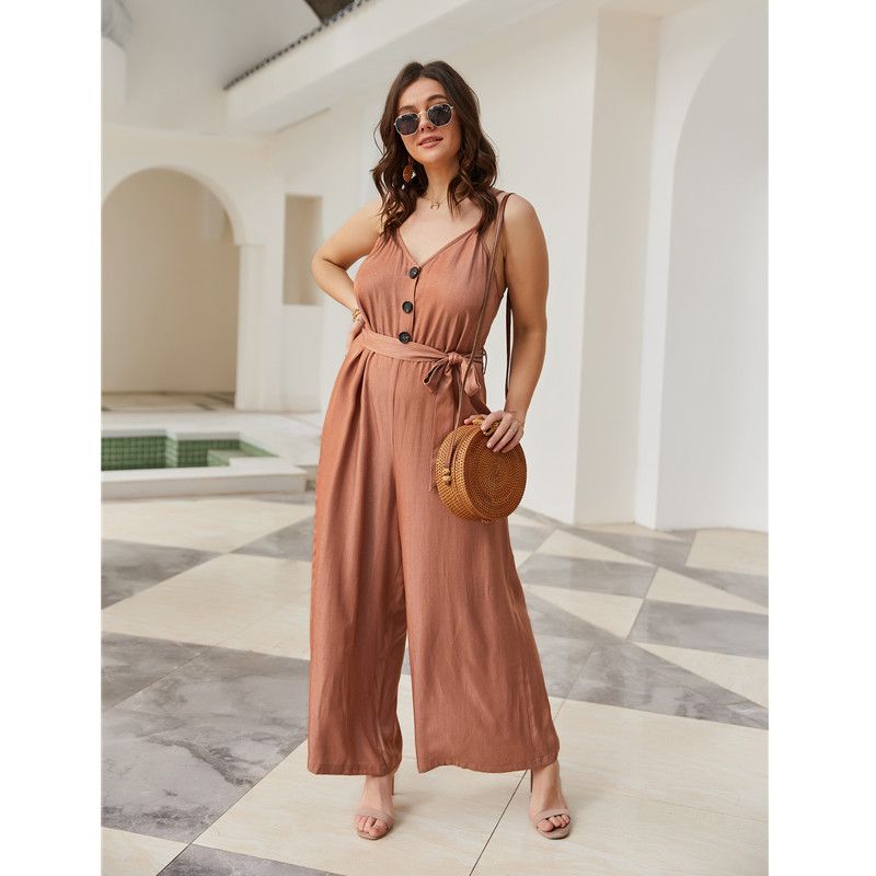 XL-4XL Women V Neck Sleeveless Front Buttons Plus Size Jumpsuit Playsuit 2603
