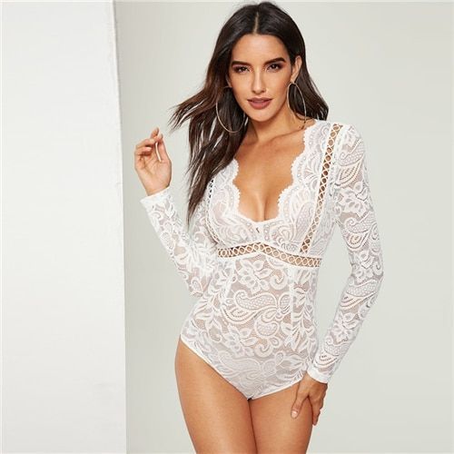 White V-Neck Scalloped Lace Skinny Sexy Bodysuit Women Long Sleeve Elegant Ladies Bodysuits One-Piece(#White)