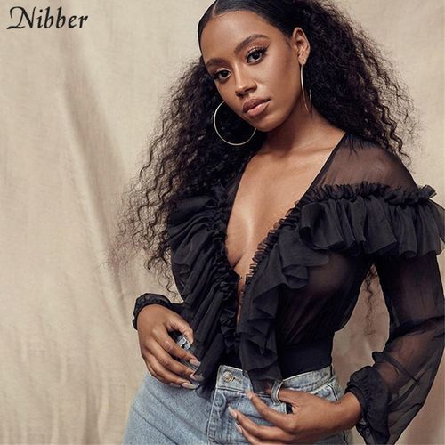 Spring Wild Elegant Black Full Sleeve Bodysuits2019hot French Romantic Ruffles Office Ladies Casual Sexy Bodysuit(#Black)