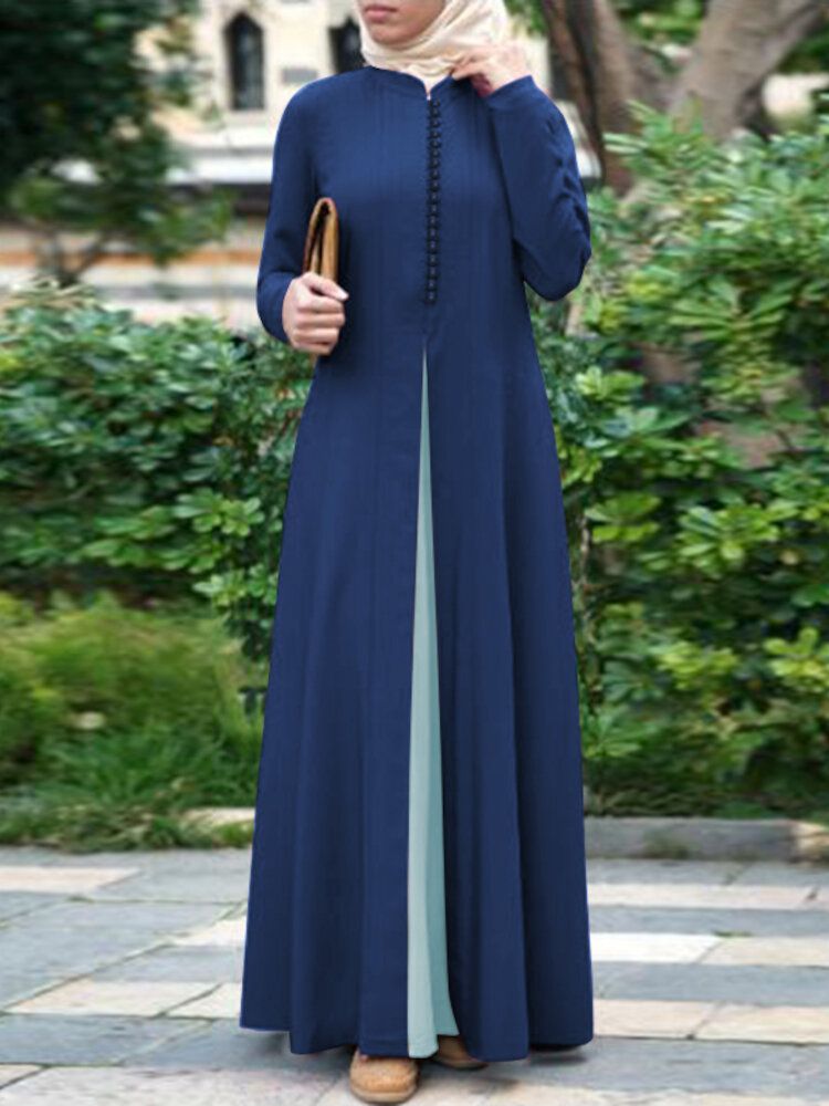 Women Contrast Color Stitching Bohemian Button Long Sleeve MuslimMaxi DressAbayaKaftan-blue